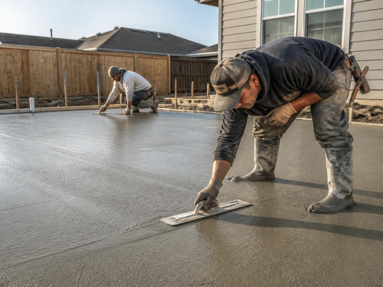 Two concrete finishers troweling a freshly poured residential slab in daylight