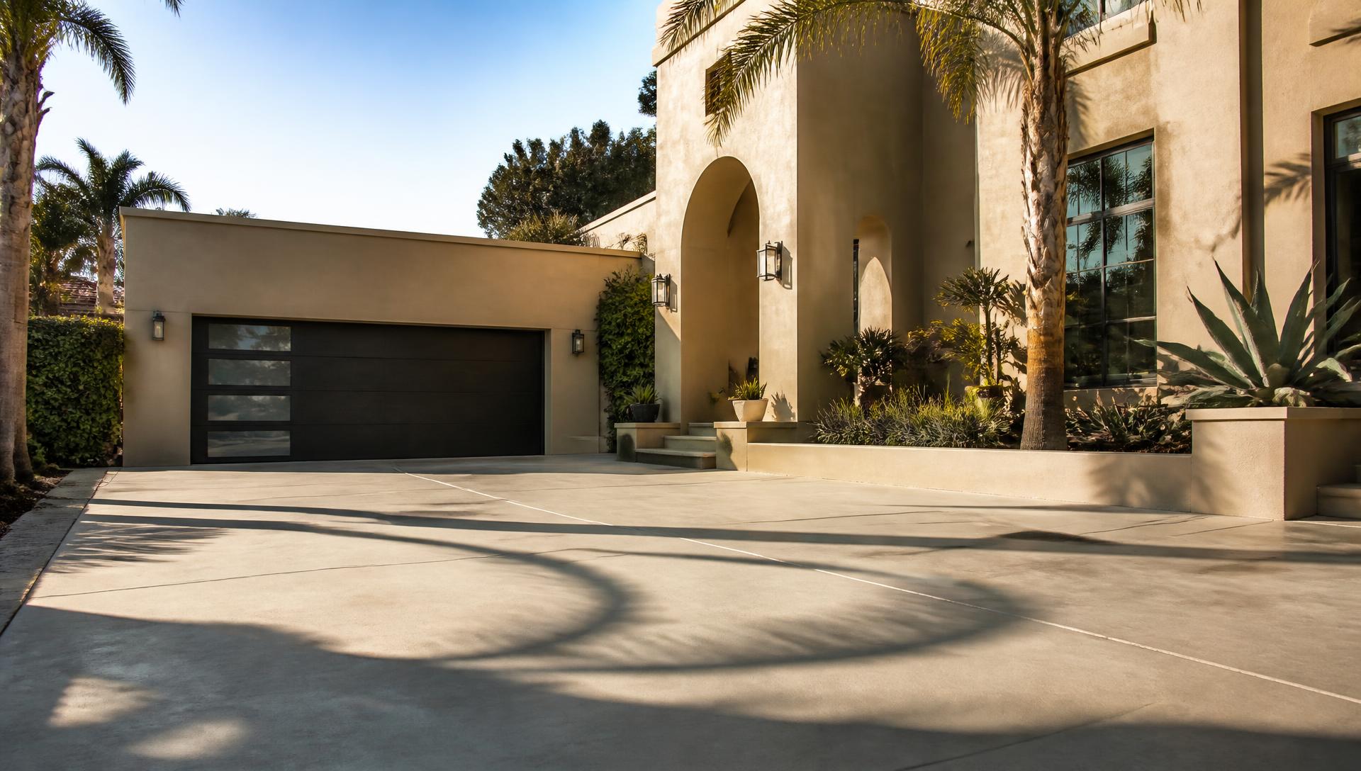 Sunlit modern Los Angeles home with a wide, freshly finished smooth concrete driveway and palm shadows across the surface