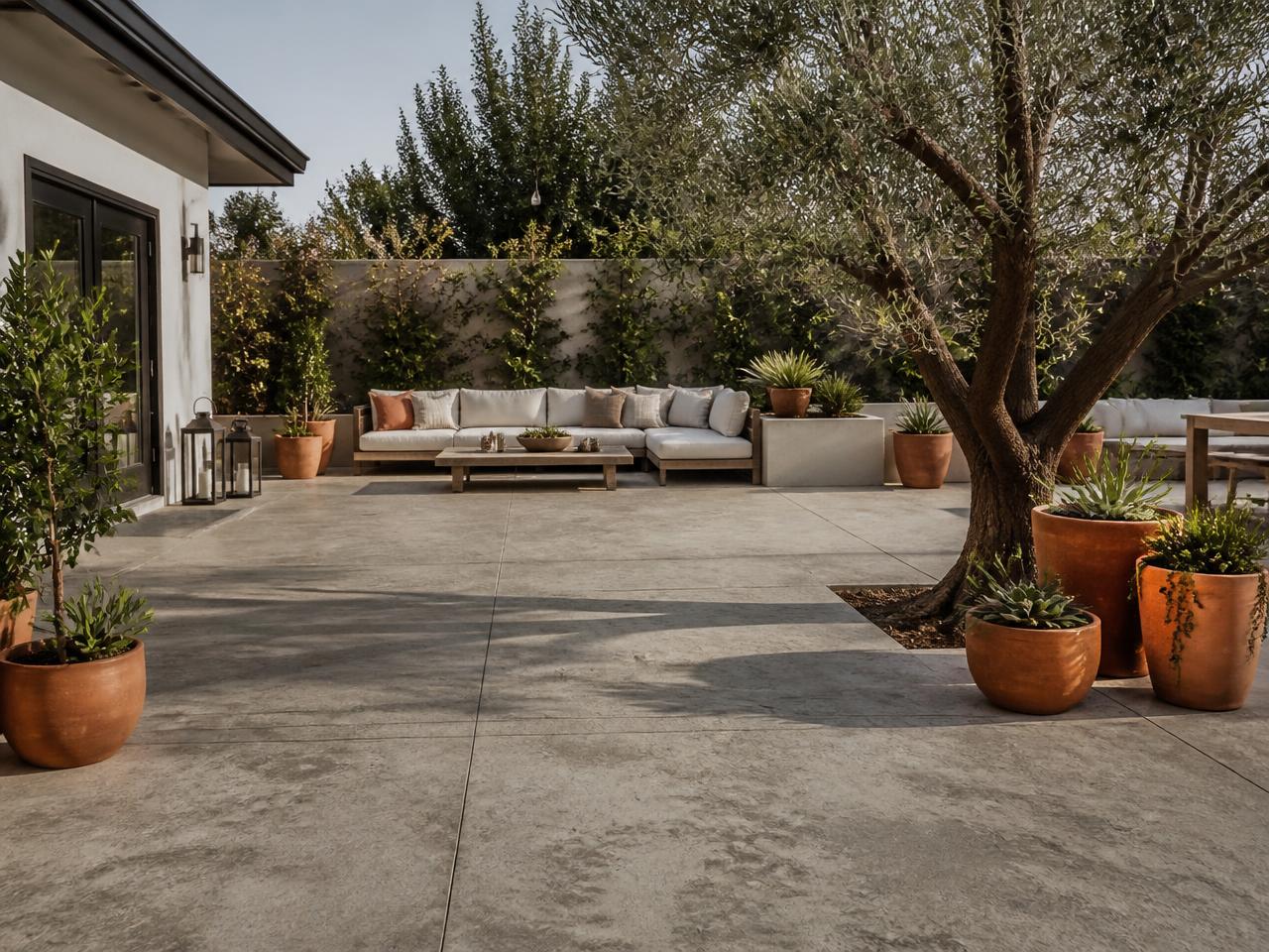 Warm gray stamped concrete patio with clean joint lines, terracotta planters and an olive tree in a sunlit Los Angeles backyard